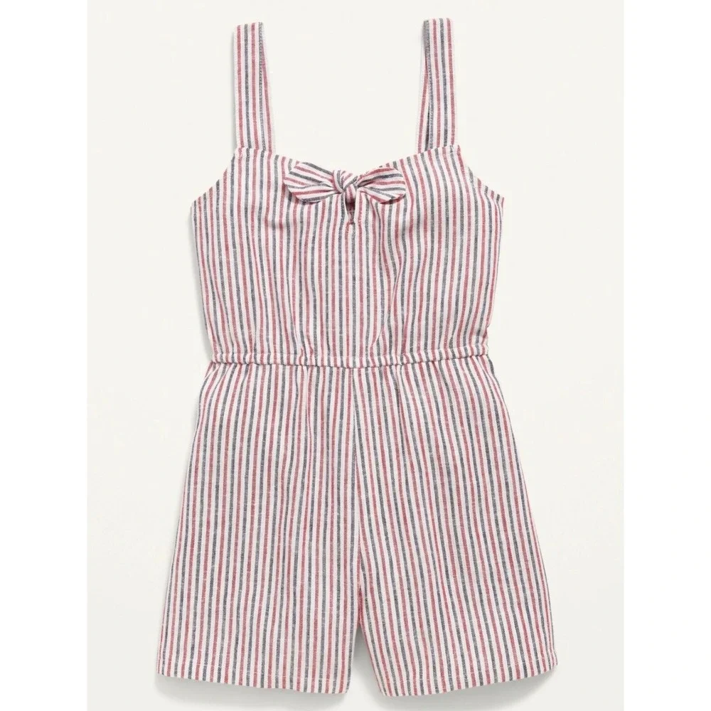 Old Navy Romper Girls XL 14-16 Red White Blue Striped Linen Blend Tie Front